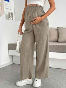 SHEIN Quần bầu cạp cao màu trơn dáng rộng thoải mái - Màu Khaki - Xem 4