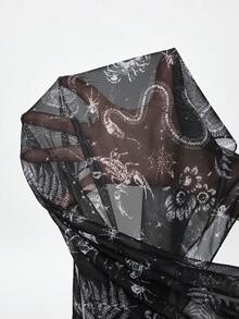 ROMWE Goth 不对称下摆雪纺半身裙，度假主题蛾眼蜘蛛哥特印花，春夏款 - 黑色 - 查看 7