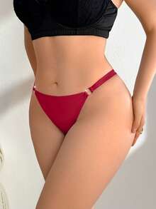 SHEIN 1 buah Celana Dalam Thong Minimalis Warna Polos Wanita Ukuran Plus Merah Musim Panas - Merah - View 6