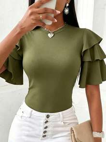 EMERY ROSE T-shirt ajusté à manches superposées de couleur unie élégant et minimaliste pour femmes, été - Militaire verte - Voir 5