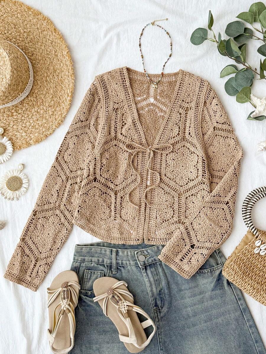 Travachic Women's Solid Color Hollow Lace-Up Lightweight Cardigan Beach Vacation Vacation Khaki Green Autumn Boho Tropical Jamican Sexy Tropical - Khaki - View 1