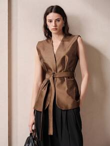 Aveloria Modichic Áo blazer nữ không tay cổ chữ V có thắt lưng, hàng mới về. - Màu be - Xem 8