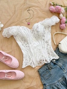 Soleia Áo corset ren hai lớp ôm sát gợi cảm kiểu Âu và Mỹ, áo liền thân thêu rỗng, trang phục dự tiệc đêm màu trắng cho nữ, đi chơi, dự đám cưới, mùa thu/đông. - trắng - Xem 4