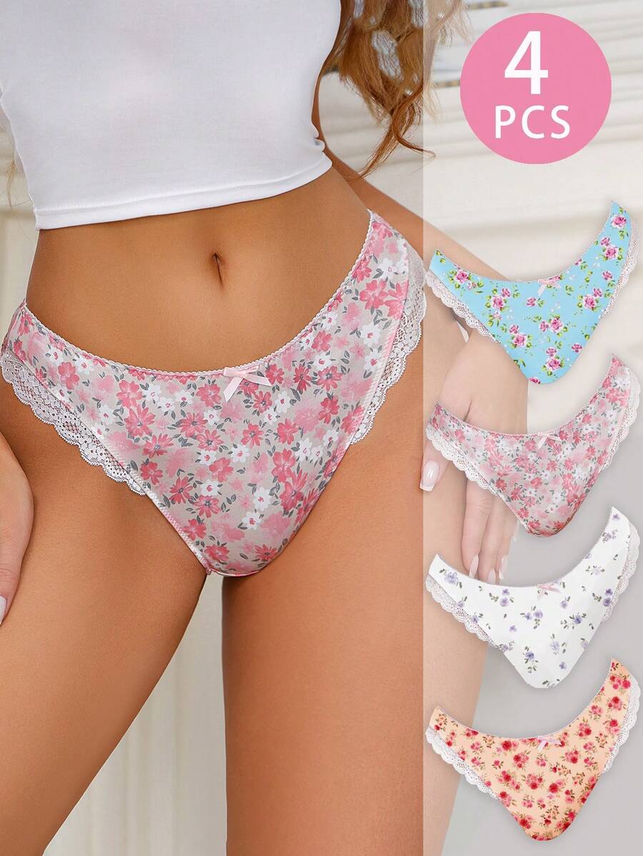 SHEIN 4件套女士清新花卉蕾丝设计内裤套装 - 彩色 - 查看 1