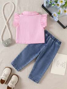 SHEIN 2pcs/Set Baby Girl Spring&Summer Casual Style, Top &Heart-Shape Embroidery Long Pants Denim Set - Baby Pink - View 2