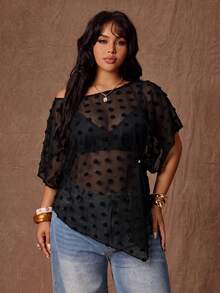 Rustia Plus Size Women's Black Chiffon Blouse With Oblique Shoulder, Short Sleeve, Elegant Sexy Retro Beach Brunch Dinner Tea Party Holiday Wear Summer - Black - View 6