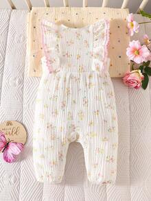 SHEIN Bộ áo liền quần gấp gọn cho bé gái sơ sinh, kiểu cài cúc một hàng, dễ mặc vào/cởi ra, màu trắng nhạt và hồng nhạt họa tiết hoa nhí, chủ đề hoa cổ điển, kèm băng đô nơ to, thích hợp cho mùa xuân. - trắng - Xem 4