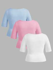 SHEIN BASICS 3件套休闲纯色针织圆领短袖修身加大码T恤 - 彩色 - 查看 3