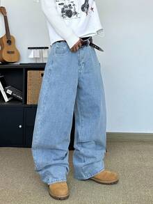 STEELVANCE Quần jeans nam ống rộng dáng suông, kiểu dáng thường ngày, có thêu hình ngôi sao ở túi sau, phong cách đường phố. - Rửa nhẹ - Xem 4