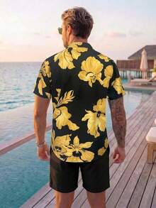 Oro Vacation Men's Black Summer Boho Beach Holiday Floral Print Short Sleeve Shirt And Drawstring Waist Shorts Outfit,Hawaii Tropical Vacation Swim Bathing Set - Multicolor - View 2