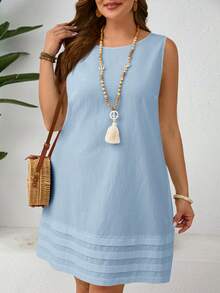 EMERY ROSE Plus Size Solid Color Round Neck Casual Sleeveless Dress - Blue - View 1