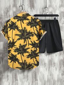 Manfinity RSRT Men's Summer Vacation Coconut Tree Print Button-Front Shirt And Shorts 2 Pieces Set, Holiday - Multicolor - View 2