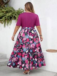 SHEIN CURVE+ Curve 尺码 US22 音乐节、海滨度假、波西米亚风夏季休闲度假印花拼接短袖连衣裙长裙 - 紫色 - 查看 2