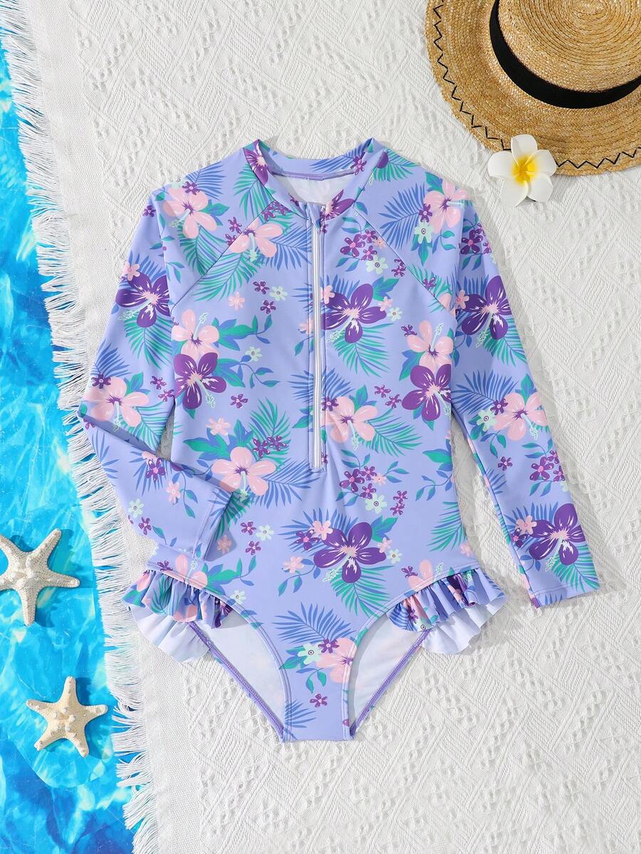 SHEIN 2025新款少女连体泳衣,休闲树叶印花设计,时尚可爱,优雅精致,适合夏季游泳和度假 - 淡紫色 - 查看 1