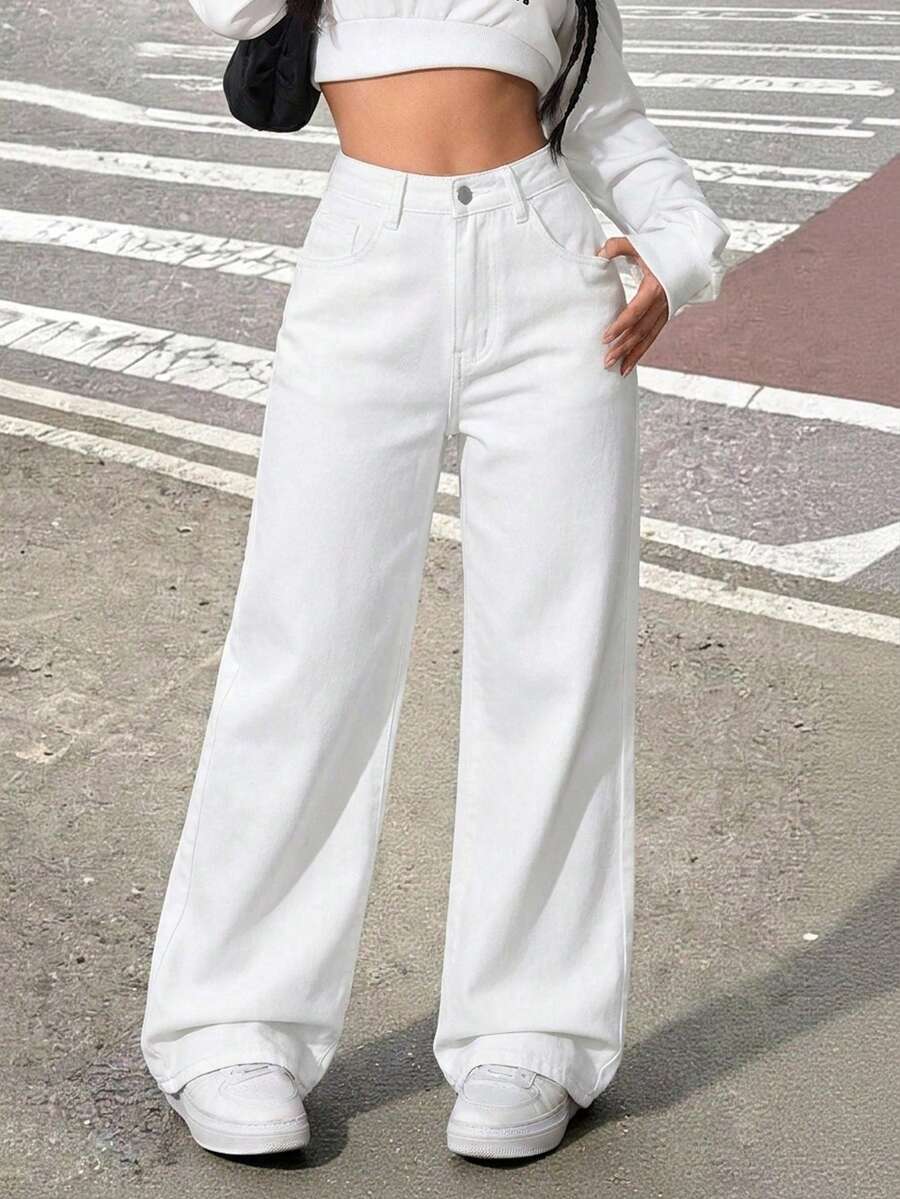 Teen Girl Y2K Casual Washed Retro Washed Mid-Waist Baggy Denim Straight Leg Jeans, Boyfriend Jeans, Halloween ,Fall ,Christmas Pants, Fall Winter Back To School Homecoming Jeans, Streetwear Vintage ,Comfortable And Versatile, For 13-16 Years Old Girls, Suitable For School, Home And Travel - White - View 1