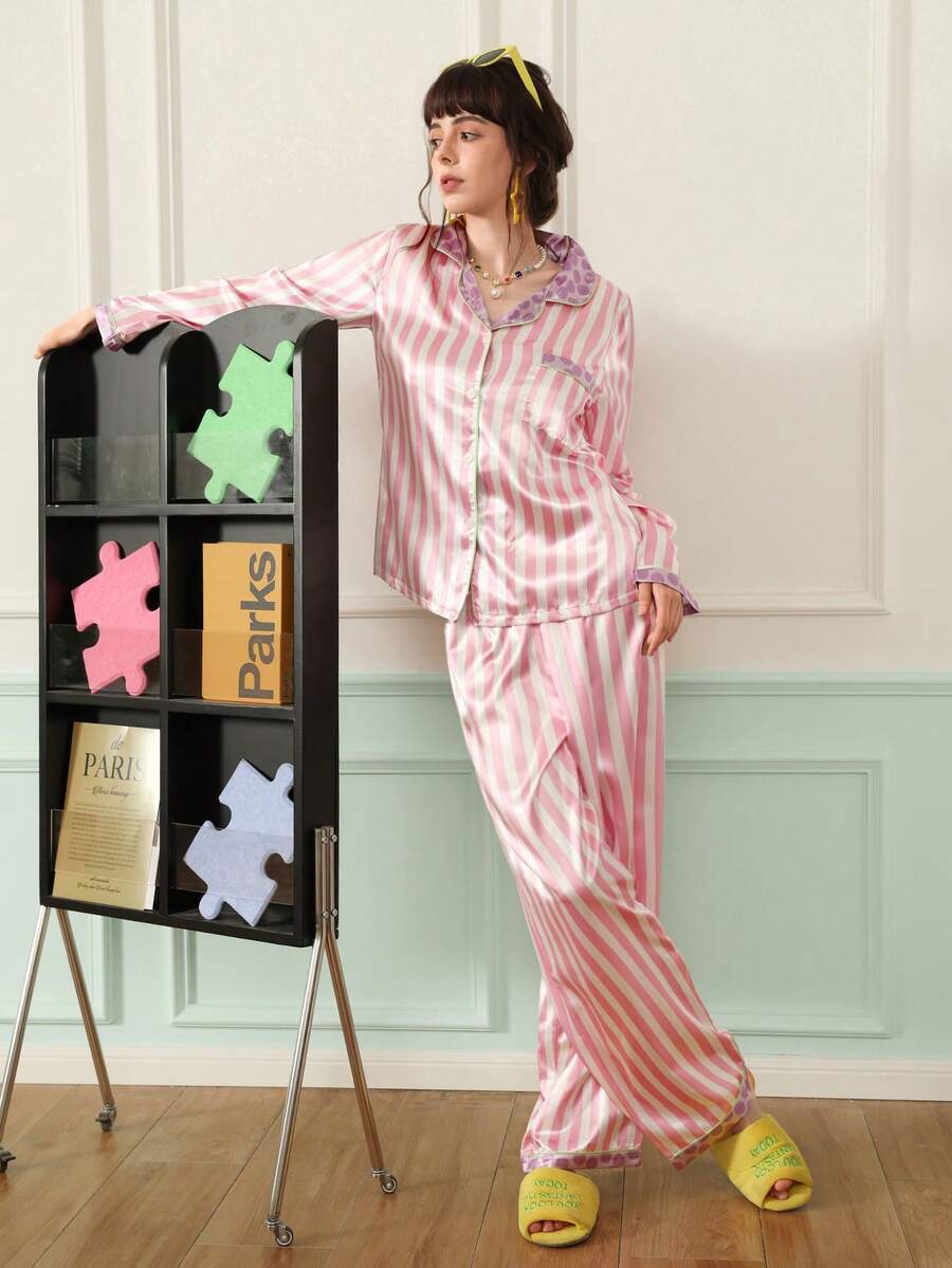 Chillnights Ensemble de pyjama satin femme rayé bicolore décontracté - Multicolore - Voir 1