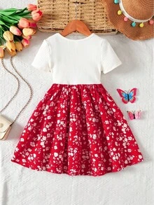 Đầm dệt kim thời trang mùa hè cho bé gái, màu trơn, cổ tròn, phối trắng, viền hoa đỏ, kiểu dáng thường ngày. - Nhiều màu - Xem 2