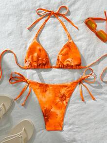 Swim Vcay Women's Sexy Random Print Halter Tie Bikini Set, Summer - Orange - View 2