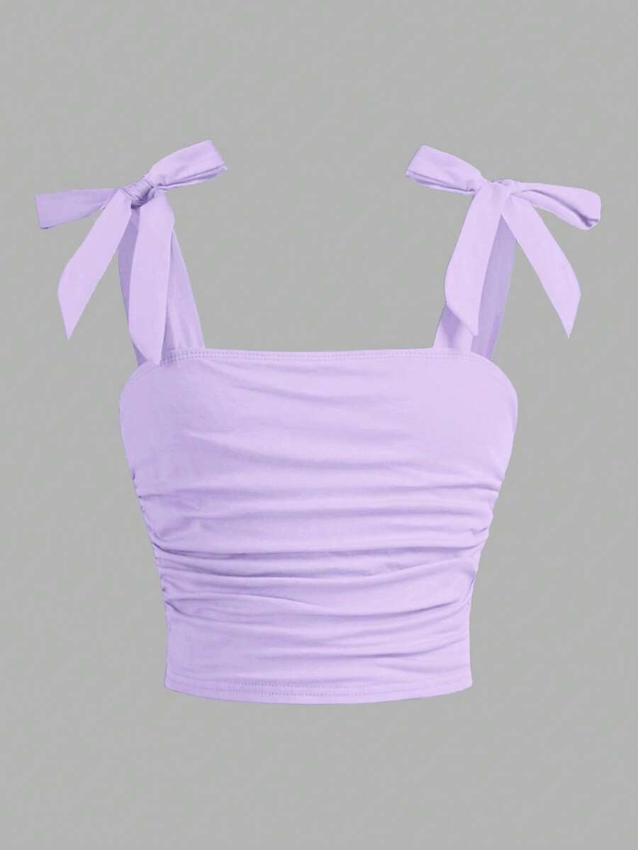 Tween Girl Elegant Solid Fitted Sweet Bow-Knot Tie Shoulder Side Ruched Cami Tank Top - Mauve Purple - View 1