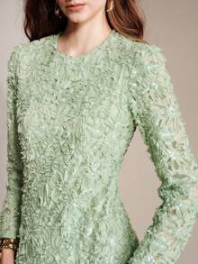 Arave 女款編織網紗刺繡亮片布料圓領常規肩長袖大裙擺拼接設計優雅約會長洋裝 - 綠色 - 查看 6