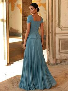 Aureia Elegant Green Evening Gown Luxurious 3D Rhinestone Embellished Chiffon A-Line Mini Sleeve Dress For Weddings Singles Parties Back-To-School - Blue - View 4