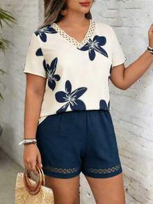 EMERY ROSE Conjunto de talla grande para mujer de unicolor con cuello en V, volantes y mangas cortas, casual, de vacaciones, diario y elegante, para primavera/verano - Azul Marino - Ver 4