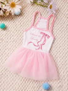 PETSIN 1 chiếc váy phồng bằng vải lưới in chữ và nơ màu hồng cho thú cưng. - Hồng - Xem 1