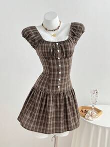 Elamini Vestido mini de verano con botones y estampado de cuadros retro - Marrón - Ver 1