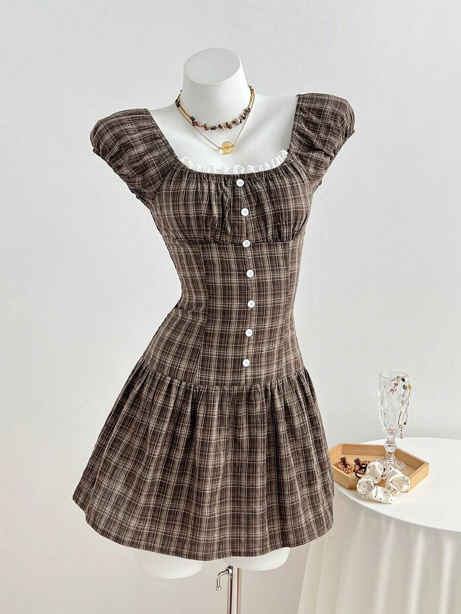 Elamini Vestido mini de verano con botones y estampado de cuadros retro - Marrón - Ver 1