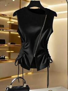GlowEve CURVE Plus Size Women Solid Color Zipper Pleated Casual Versatile Daily Wear Top - Black - View 1
