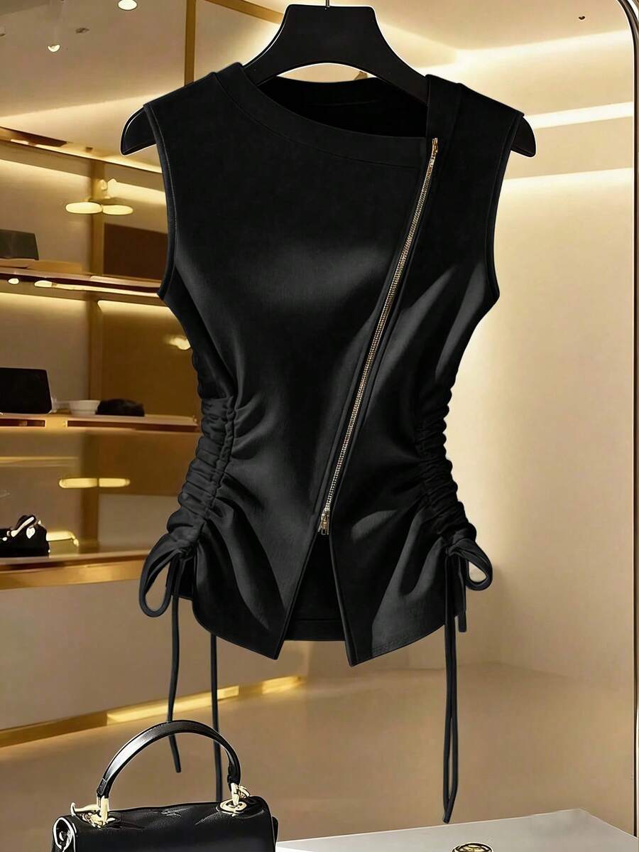 GlowEve CURVE Plus Size Women Solid Color Zipper Pleated Casual Versatile Daily Wear Top - Black - View 1