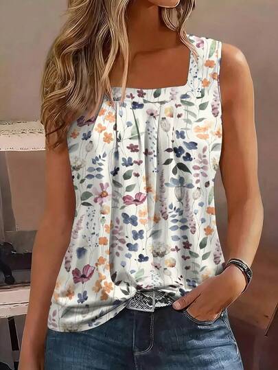 EMERY ROSE Holiday Casual Floral & Plant Pattern Plus Size Women Tank Top
