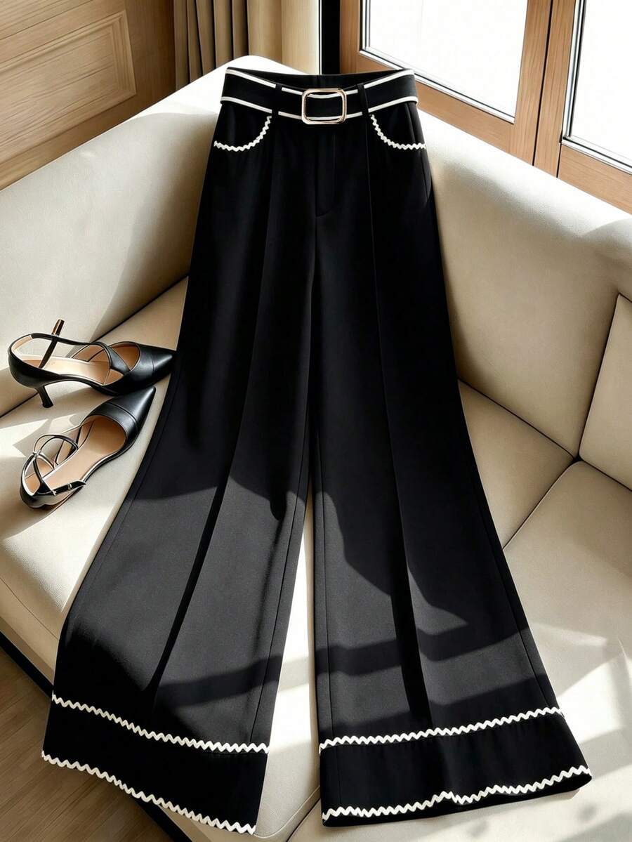 SHEIN Holidaya Quần màu be với viền lượn sóng màu đen, quần ống rộng cạp cao kiểu vintage dành cho người đi làm, trang phục đa năng mặc hàng ngày. - màu đen - Xem 1