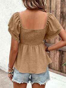 SHEIN Holidaya Áo croptop cổ vuông với gấu áo nhún bèo và tay áo xếp lớp bồng bềnh màu đen kiểu peplum. - Màu Khaki - Xem 2