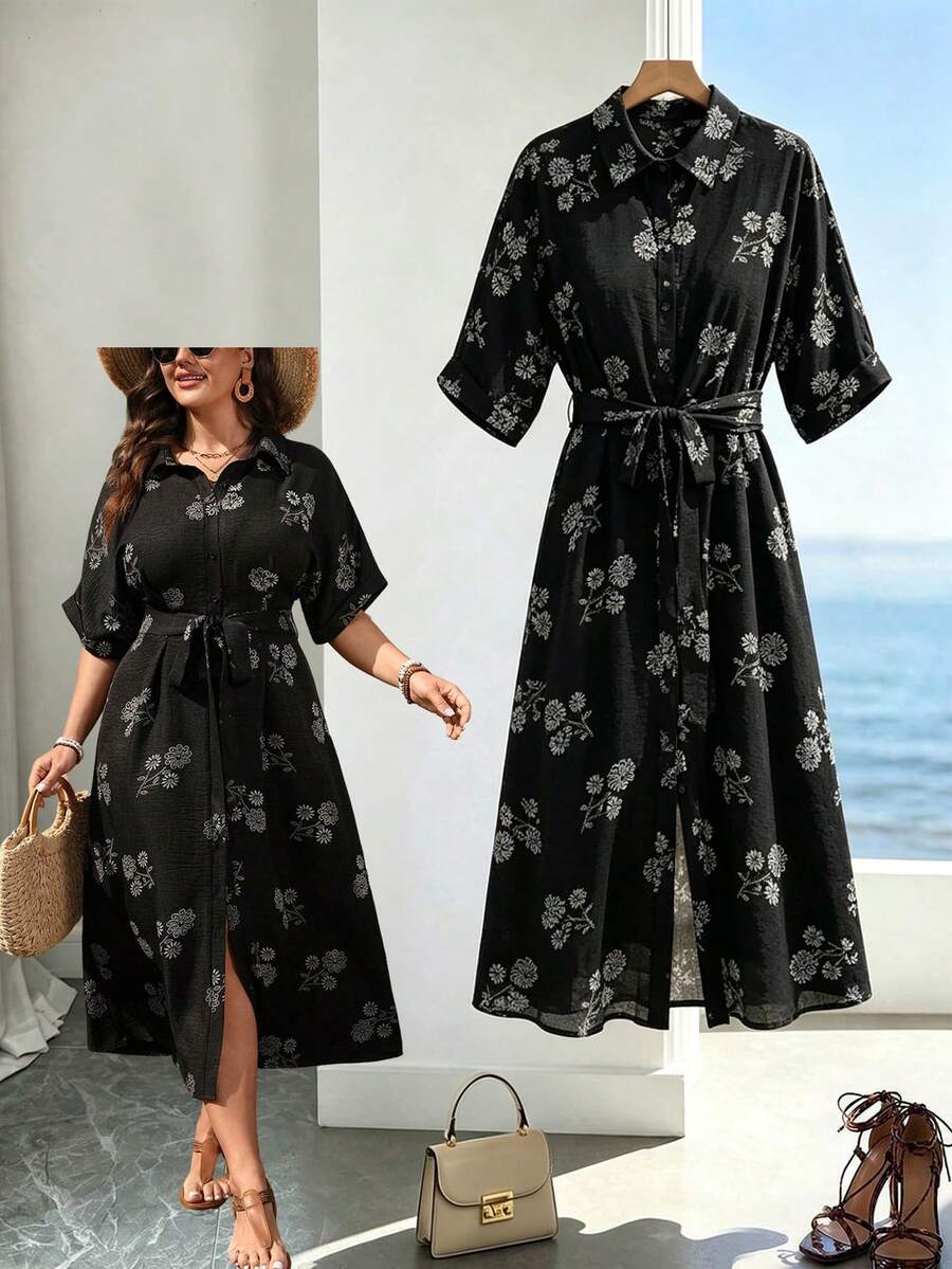 Elenzga Plus Size Women Elegant Vintage Tie-Up Shirt Dress, Spring/Summer - Black - View 1