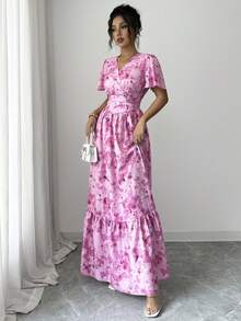 Elenzga Robe longue évasée à taille cintrée, col V, manches courtes, motif floral rose. Convient pour les sorties, les tenues décontractées, les vacances, la plage. Style mature et léger, pour le port quotidien, les anniversaires, les mariages, les nouvelles robes d'été, les tenues de bureau élégantes. - Multicolore - Voir 6
