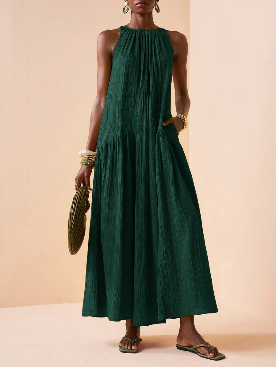 Zivah Đầm không tay cổ tròn thắt nơ kiểu Bohemian nhẹ nhàng xếp ly màu trơn, phong cách nghỉ dưỡng Địa Trung Hải mùa xuân 2026, thích hợp cho lễ hội âm nhạc. - Màu xanh lá cây đậm - Xem 1