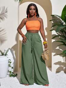Slaydiva Women's Full Length Geometric Green Casual Vacation Wide Leg Pants - Hunter Green - View 4