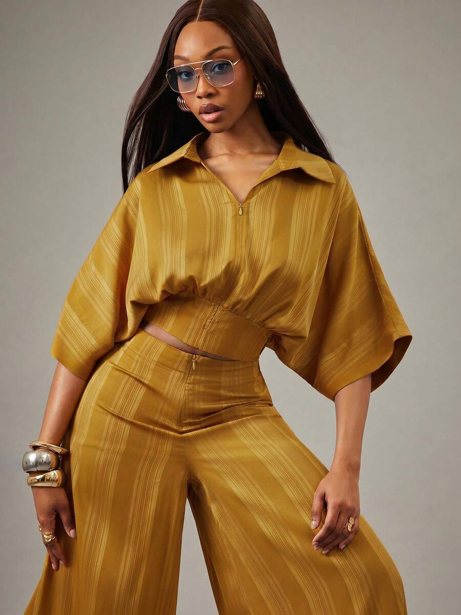 NYA SZN Matching Set Zip Up Top Wide Leg Pant Striped - Yellow - View 1