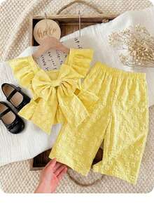 2Pcs Baby Girl Summer Pastel Yellow Cute Vacation Outfit,Ruffled Bow Top And Trousers Set,Lemon Floral Linen Clothes For Toddler Girls Summer Coord - Yellow - View 4