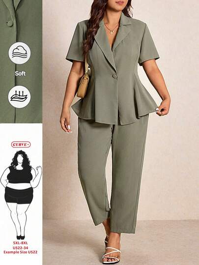 SHEIN CURVE+ Plus Size Women Solid Color Notched Collar Single-Breasted Top And Pants Casual Suit