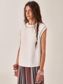 SHEIN Women's Casual Vacation Style White Shirt With Small Round Neck And Hollow Lace Trim, Women's Casual Vacation Style Shirt, Women's White Shirt, Women's Hollow Lace Shirt, Women's Daily Casual Outing Outfit - White - View 3