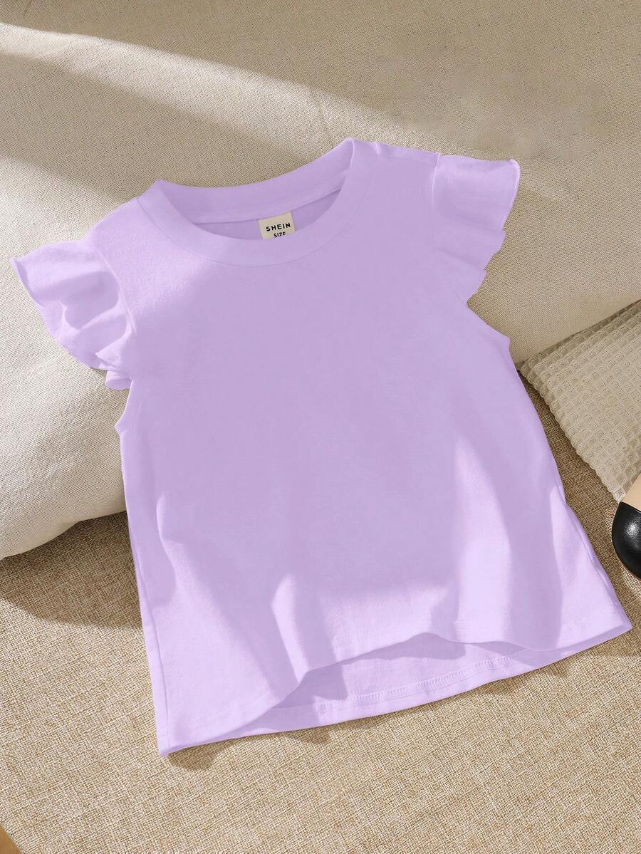 SHEIN Camiseta casual holgada para niña con cuello redondo y dobladillo con volantes de unicolor - Morado - Ver 1