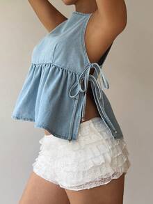 SHEIN PETITE Women's Casual Washed Side Tie Denim Blouse, Summer - Light Wash - View 4