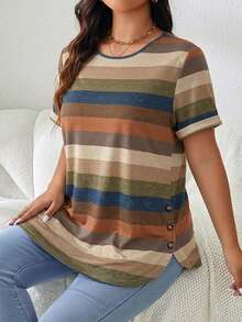 SHEIN LUNE Plus Size Casual Modest Traditional Whimsical Colorblock Striped Short Sleeve T-Shirt Bussines Office Vacation Dusty Blue Summer - Multicolor - View 3