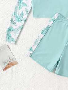 SHEIN Teen Girl Raglan Sleeve Tropical Plant Print Top And Shorts Swimwear Set - Mint Green - View 3