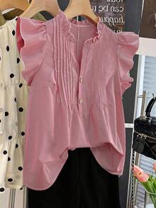 Franclia Plus Size Woven Ruffle Collar Drawstring Casual Cute Plaid Shirt Holiday Light Pink Summer - Red - View 1