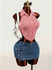 Spring And Summer Back Tie Bow-Knot Casual Design Sense Shirt - Red and White - View 6