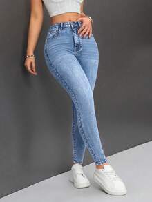 SHEIN PETITE 女款口袋修身休閒百搭牛仔褲，適合嬌小女性 - 淺色水洗藍 - 查看 5