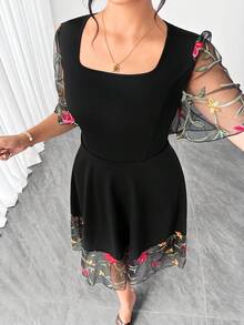 Elenzga Plus Size Women's Spring/Summer Mesh Patchwork Knit Fabric Square Collar Petal Sleeve A-Line Loose Casual Elegant Dress For Daily, Work, Vacation - Multicolor - View 5